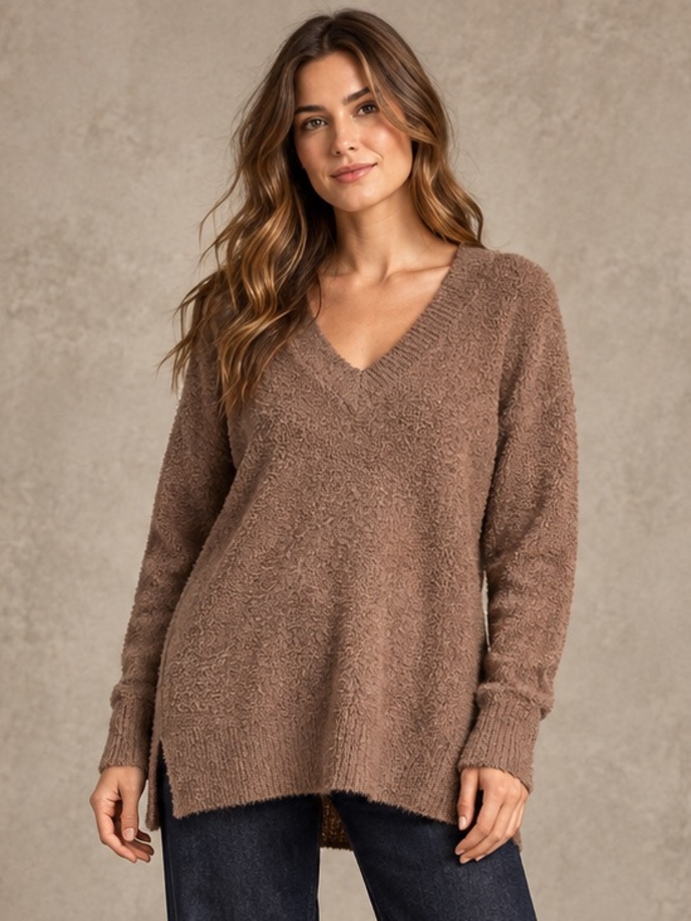 Ricki’s Taupe/Pink Fuzzy V-Neck Tunic Sweater Size L